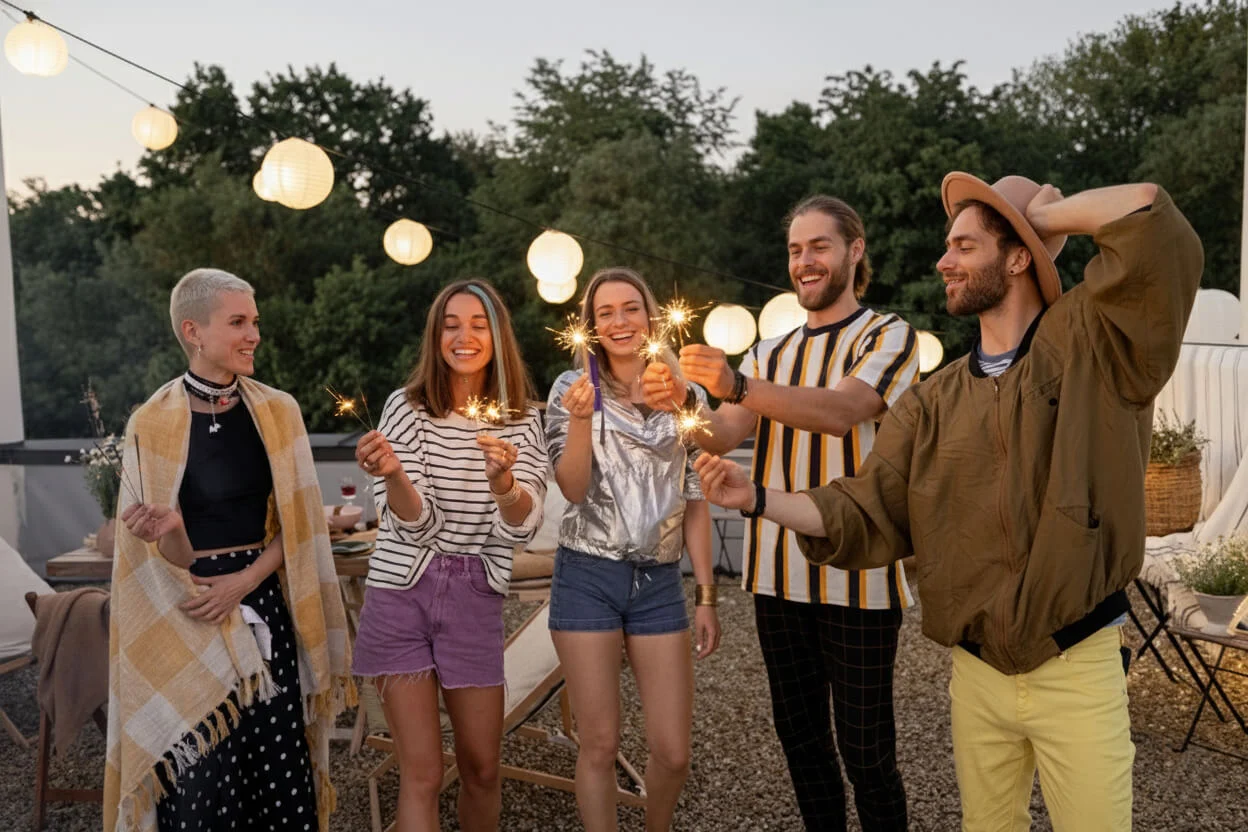 a group of friends celebrate at dusk on an outdoor patio, smiling and holding sparklers beneath glowing paper lanterns.