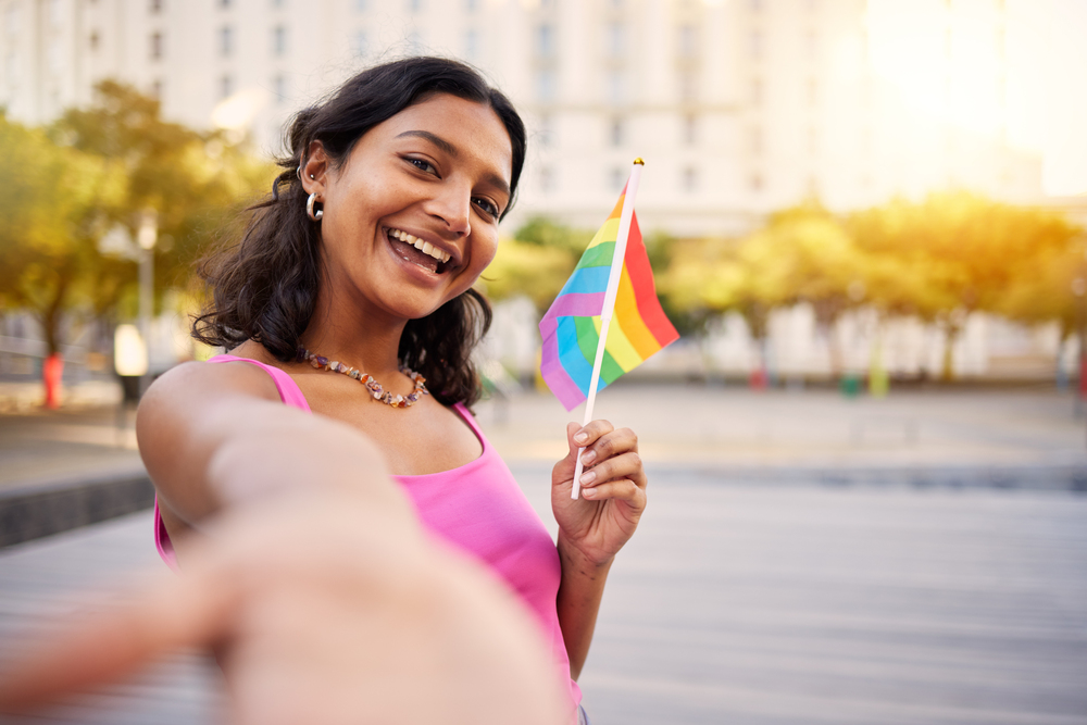 portrait of a girl at a pride street party.